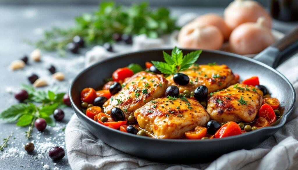 Pollo in padella alla mediterranea: olive, pomodori secchi e capperi, tutto in un'unica preparazione